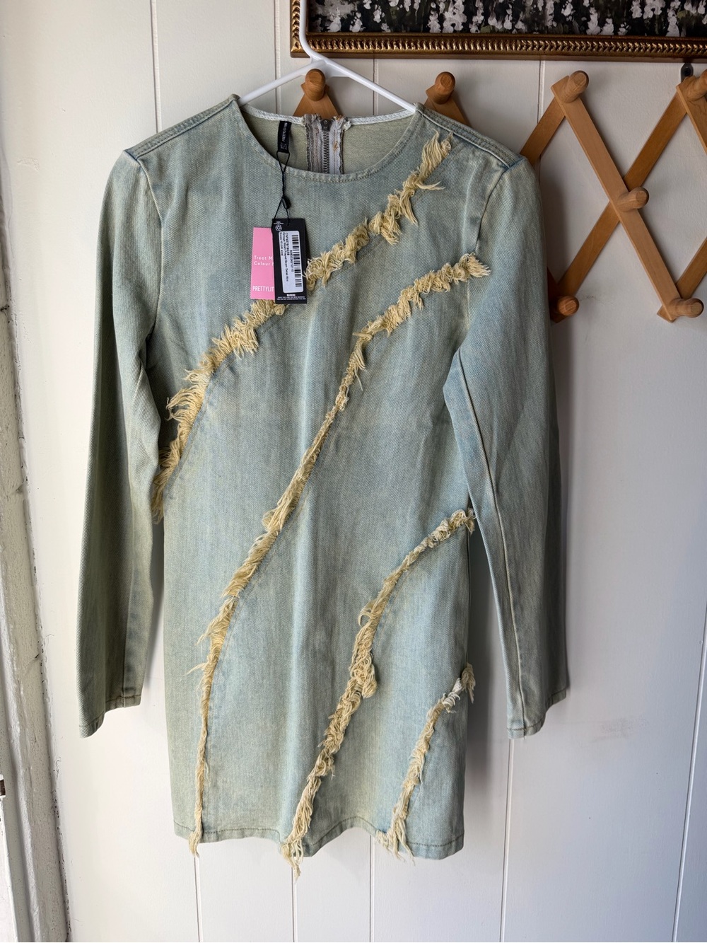 Frayed Detail Denim Long-Sleeve Dress